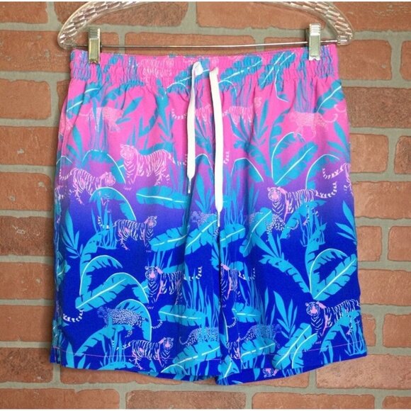 Chubbies Mens Swim Trunks Shorts Size L Jungle Tiger Print Pink Blue Mesh Liner - Picture 1 of 9